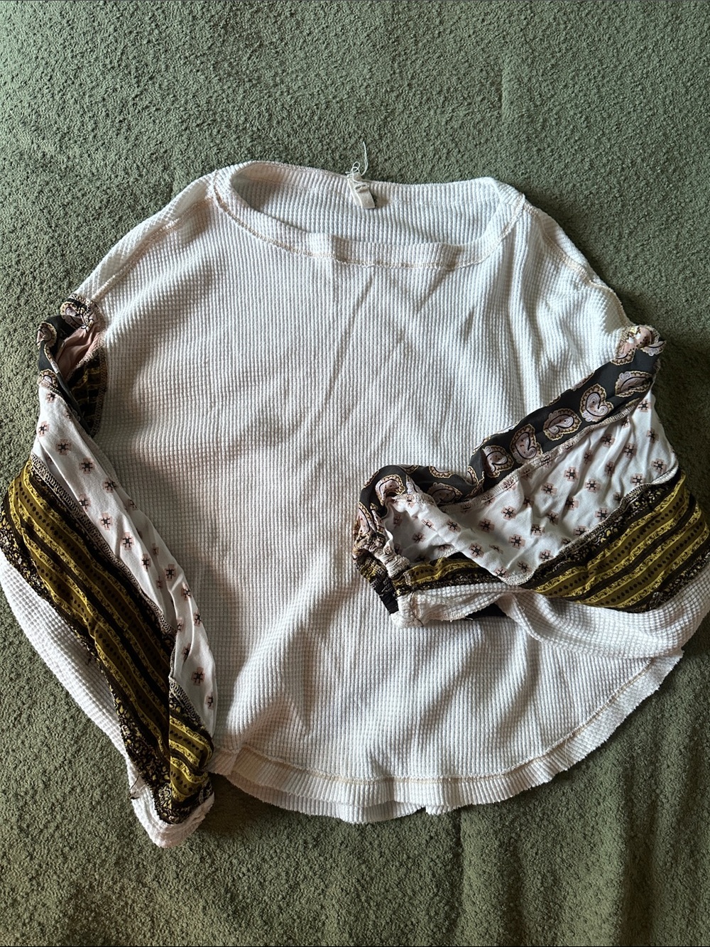 We The Free White Thermal Top with Patterned Boho Sleeves